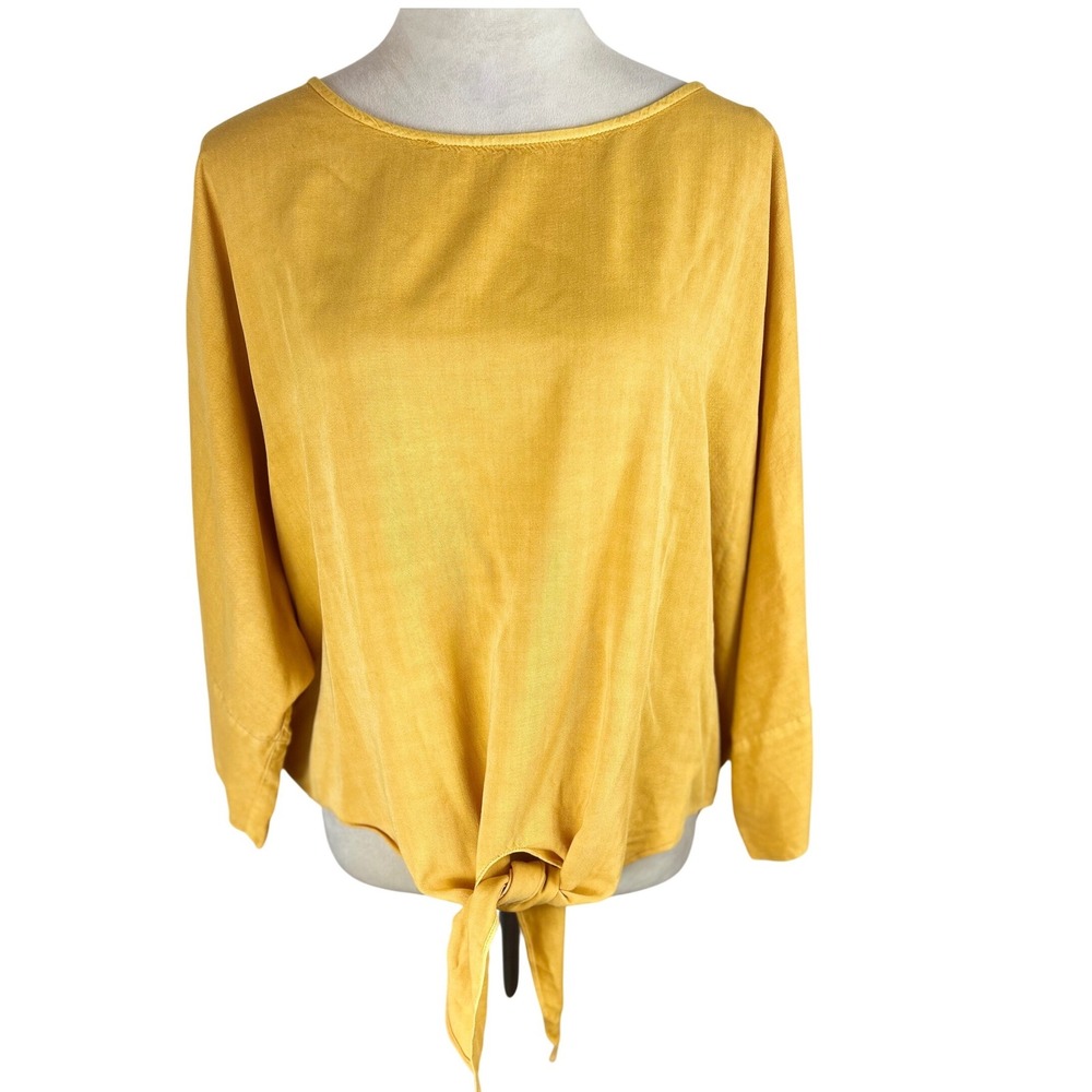 NWT Umgee Mustard Yellow 3/4 Sleeve Scoop Neck Top Tie Front Blouse size Large